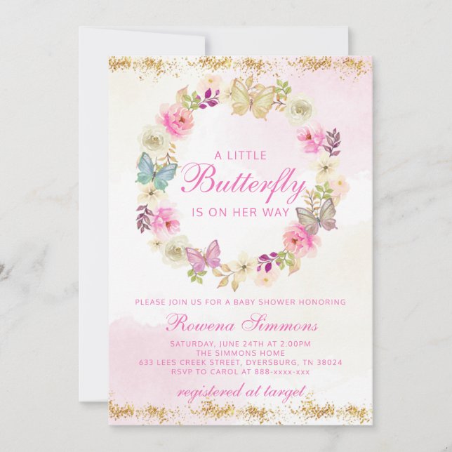 Invitación Baby Shower a una mariposa (Anverso)