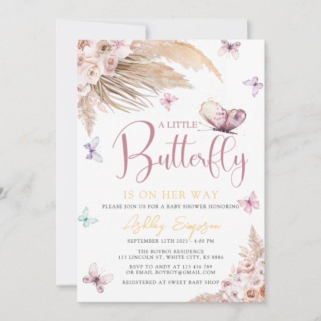 Invitación Baby Shower a una mariposa (Anverso)