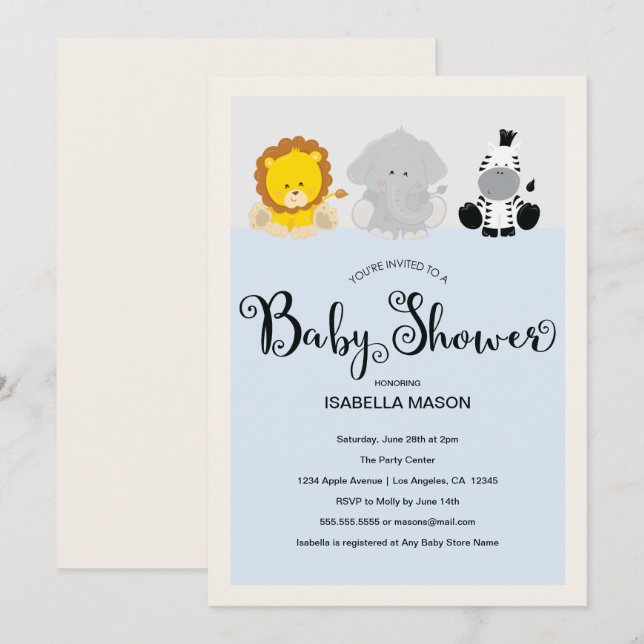 Invitación Baby Shower a Zoo Animals (Anverso / Reverso)