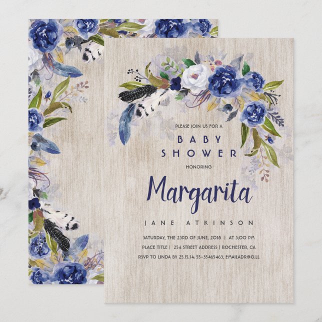 Invitación Baby Shower acuarela floral de la marina rusa (Anverso / Reverso)