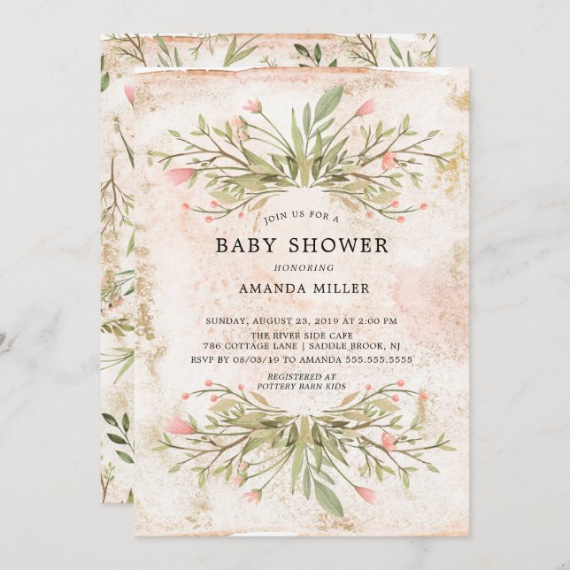 Invitación Baby Shower acuarela rosa floral y verde (Anverso / Reverso)