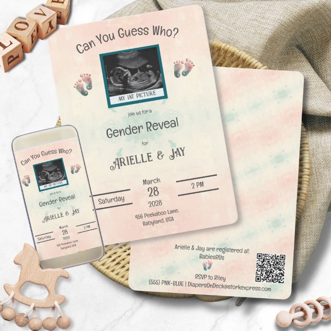 Invitación Baby Shower "Adivina quién" de género revela ultra ("Guess Who" Baby Shower Gender Reveal Print and Digital Baby Shower Invitation)