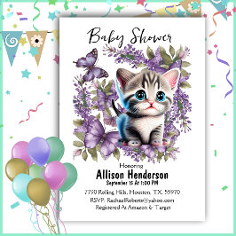 Invitación Baby Shower Adorable Baby Kitten Y Butterflies