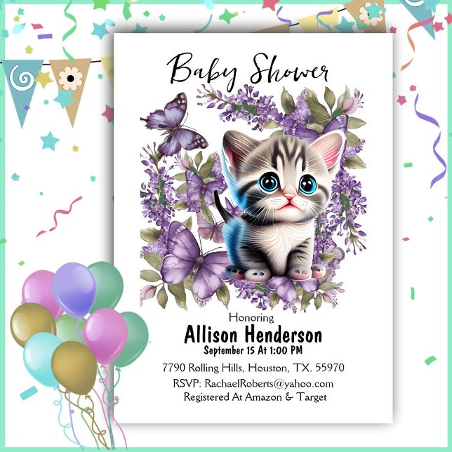 Invitación Baby Shower Adorable Baby Kitten Y Butterflies (Subido por el creador)