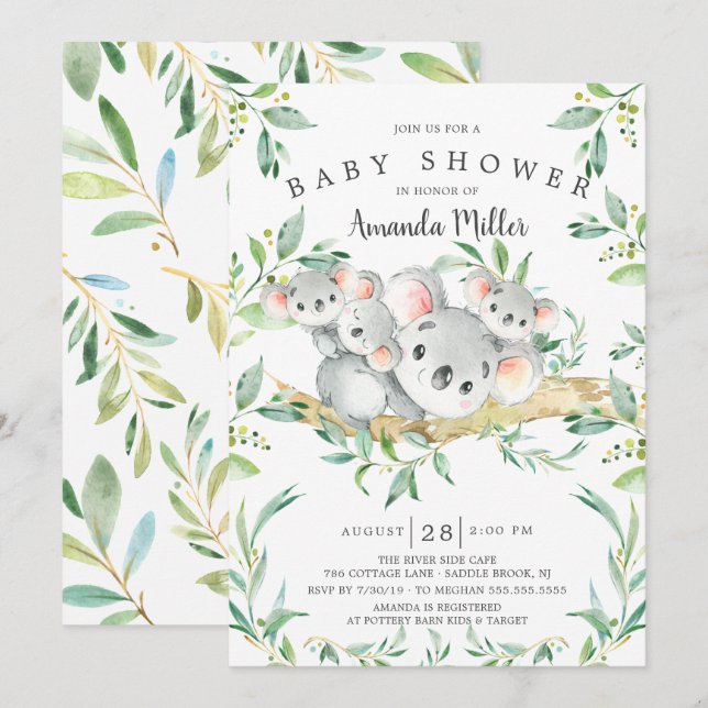 Invitación Baby Shower Adorable Koala BearTriplets (Anverso / Reverso)