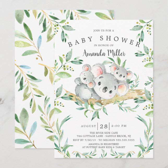 Invitación Baby Shower Adorable Koala BearTwins (Anverso / Reverso)