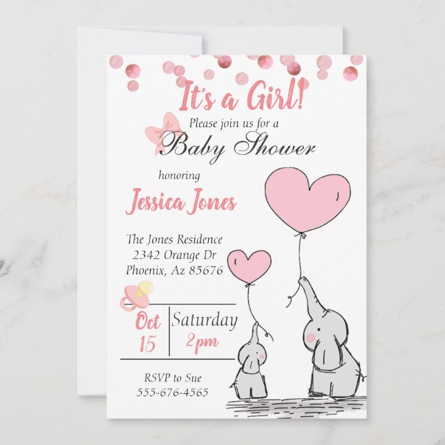 Invitación Baby Shower Adorable Mama & Baby Pink Elephants (Anverso)