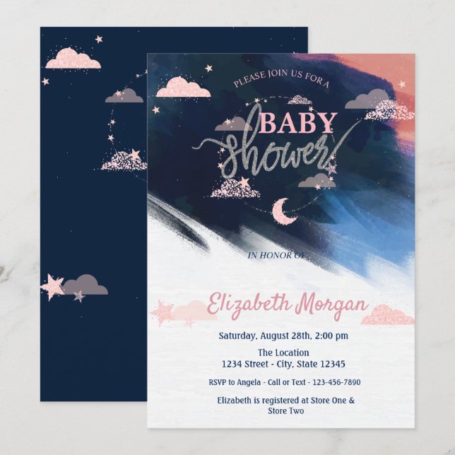Invitación Baby Shower Adorable Stars & Clouds (Anverso / Reverso)