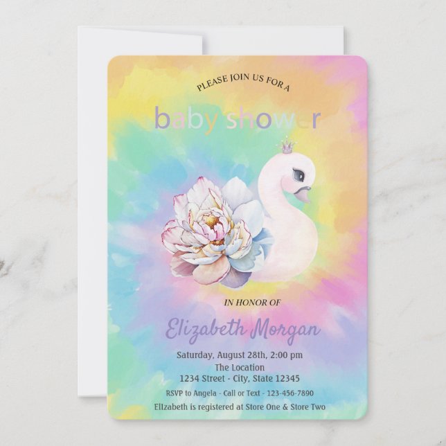Invitación Baby Shower Adorable Swan Flower Tie Dye (Anverso)