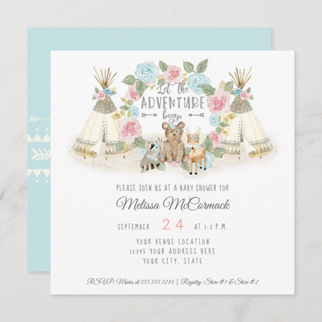 Invitación Baby Shower Adventure Begin Teepee Bear Deer Blue (Anverso / Reverso)
