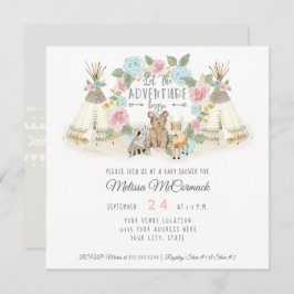 Invitación Baby Shower Adventure Begin Teepee Bear Deer Grey