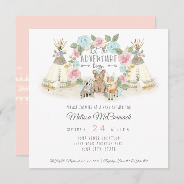 Invitación Baby Shower Adventure Begin Teepee Bear Deer Rubor (Anverso / Reverso)