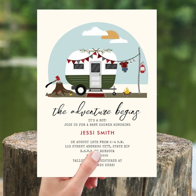 Invitación Baby Shower Adventure Green Camper Lumberjack (Subido por el creador)