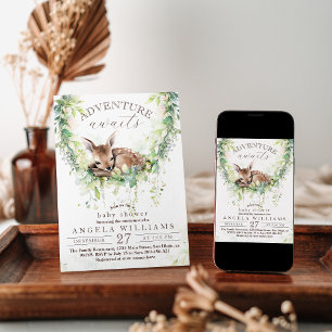 Invitación Baby Shower Adventure Woodland Deer Greenery