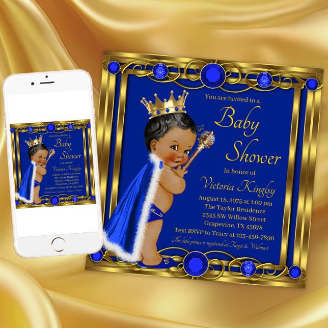 Invitación Baby Shower African American Blue Gold (Blue gold prince baby shower invitation. Instant download and printed invitations available.)