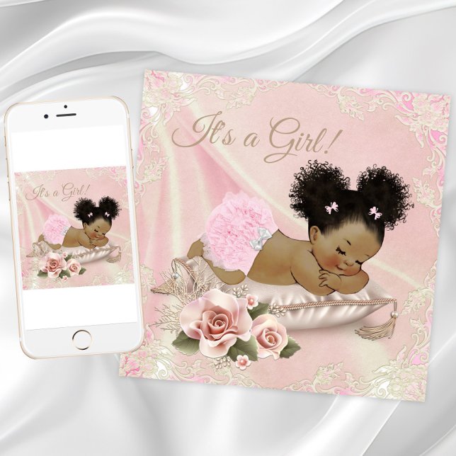 Invitación Baby Shower Africano Americano Rosa Suave Marfil (Blush pink baby shower invitation with African baby girl on a pretty pillow and lace background.)