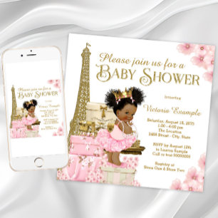 Invitación Baby Shower Afro Princesa de Oro Rosa París