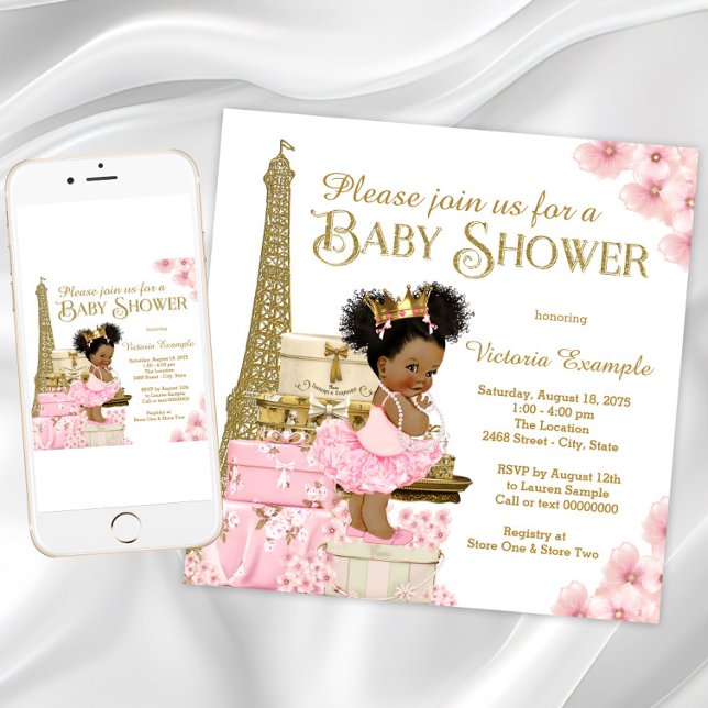 Invitación Baby Shower Afro Princesa de Oro Rosa París (Girl Paris baby shower invitation. Instant download and printed invitations available.)