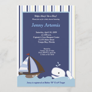 Invitación Baby Shower Ahoy Mate White Whale 5x7