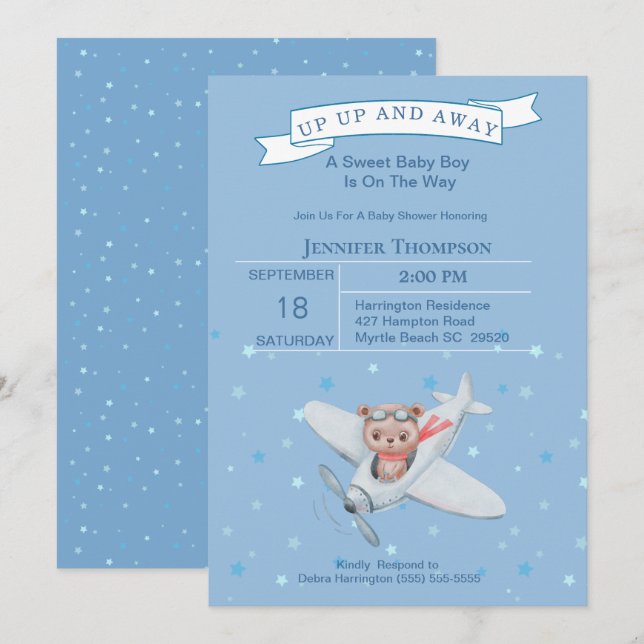 Invitación Baby Shower al avión piloto de ositos d (Anverso / Reverso)