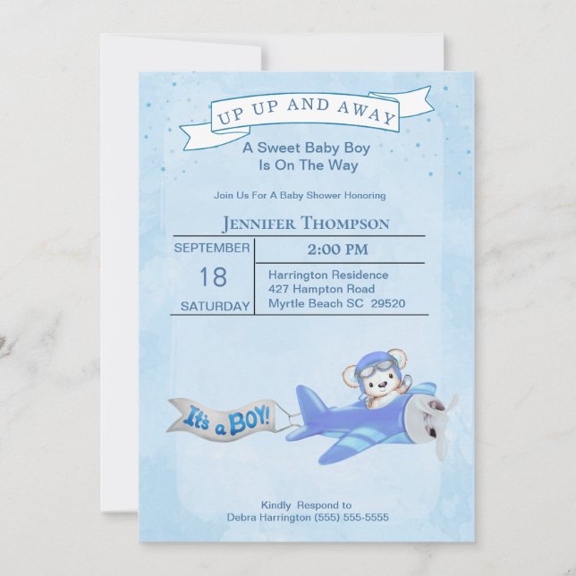 Invitación Baby Shower al avión piloto de ositos d (Anverso)
