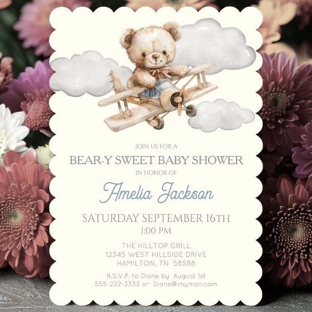 Invitación Baby Shower al avión Teddy Bear (Bear-y Sweet Vintage Airplane and Teddy Bear Baby Shower Invitation )