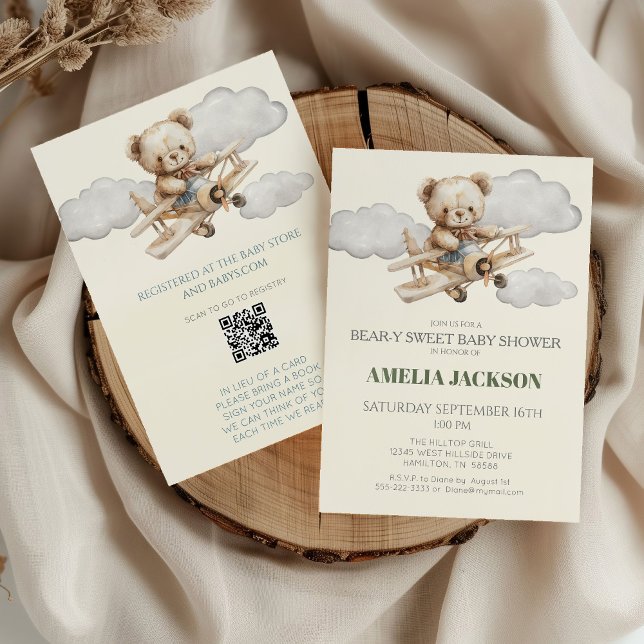 Invitación Baby Shower al avión Teddy Bear (Boho Vintage Teddy Bear and Airplane Bear-y Sweet Baby Shower Invitation)