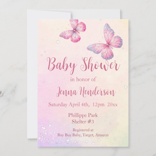 Invitación Baby Shower al código QR de mariposa ro (Anverso)