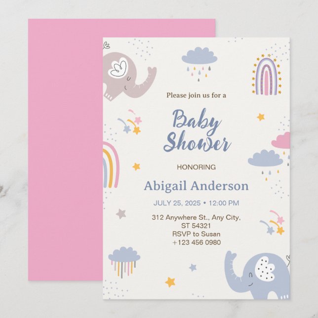Invitación Baby Shower al Elefante Adorable Rainbo (Anverso / Reverso)