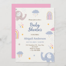 Invitación Baby Shower al Elefante Adorable Rainbo