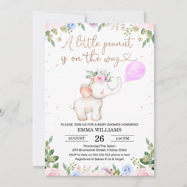 Invitación Baby Shower al elefante de cacahuate fl (Anverso)