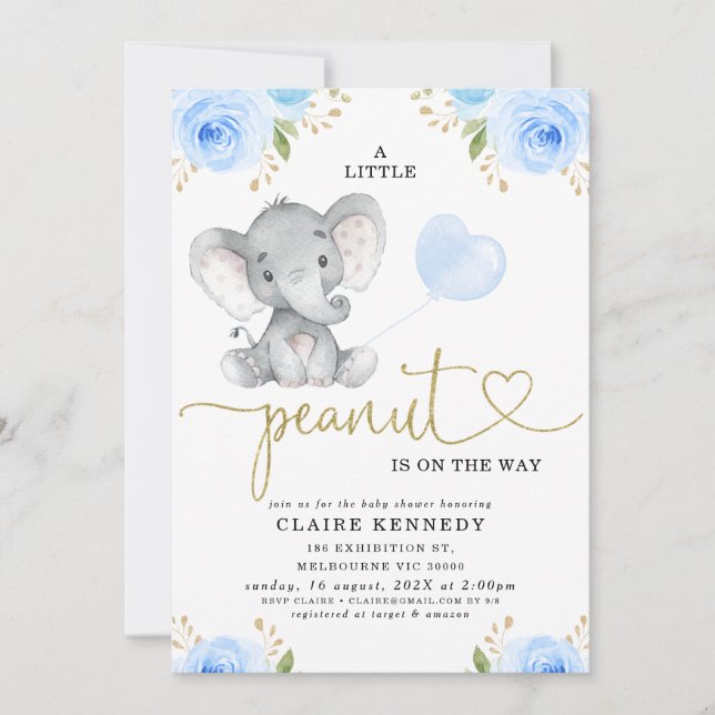 Invitación Baby Shower al Elefante de Maní Azul Fl (Anverso)