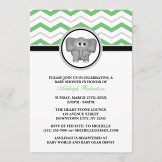 Invitación Baby Shower al elefante verde gris Chev