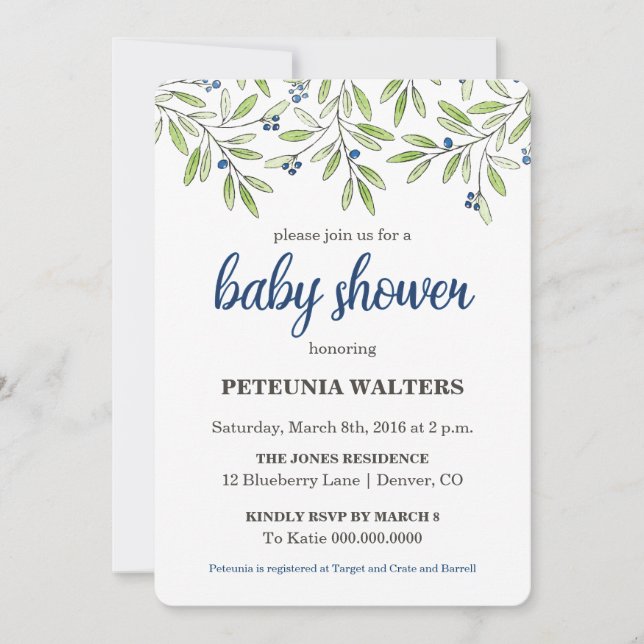 Invitación Baby Shower al Foliage del Blueberry de (Anverso)
