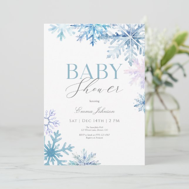 Invitación Baby Shower al invierno con copo de nie (Anverso de pie)