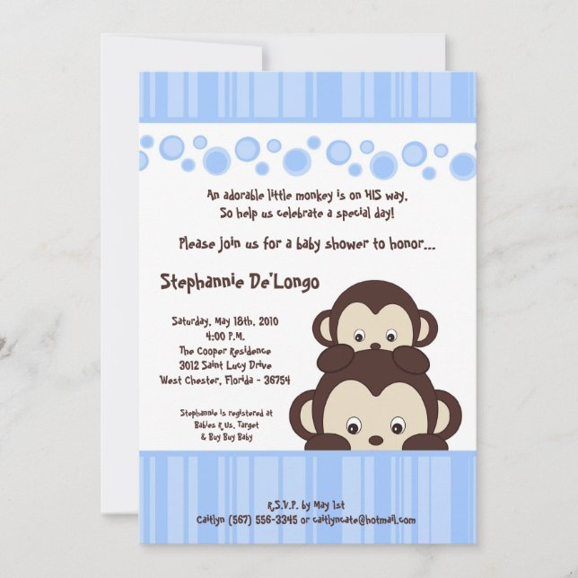 Invitación Baby Shower al mono pop azul de niño 5x (Anverso)