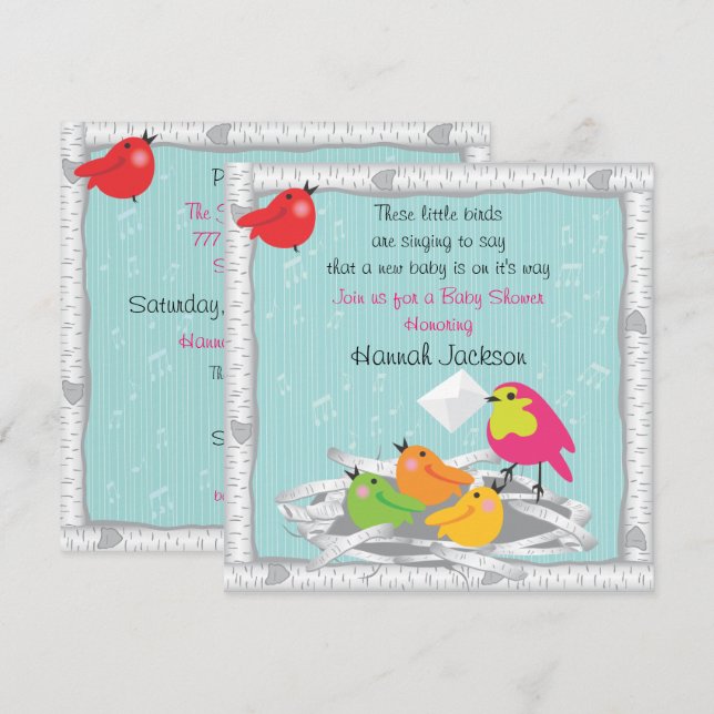 Invitación Baby Shower al nido de aves bebés (Anverso / Reverso)