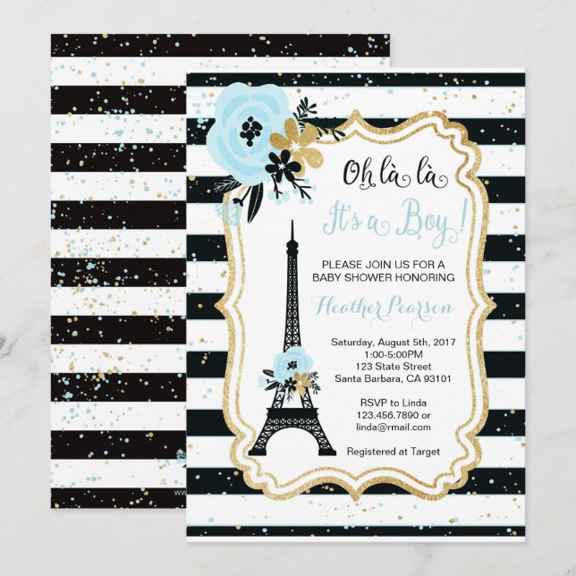 Invitación Baby Shower al tema de París - Azul (Anverso / Reverso)