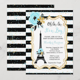 Invitación Baby Shower al tema de París - Azul