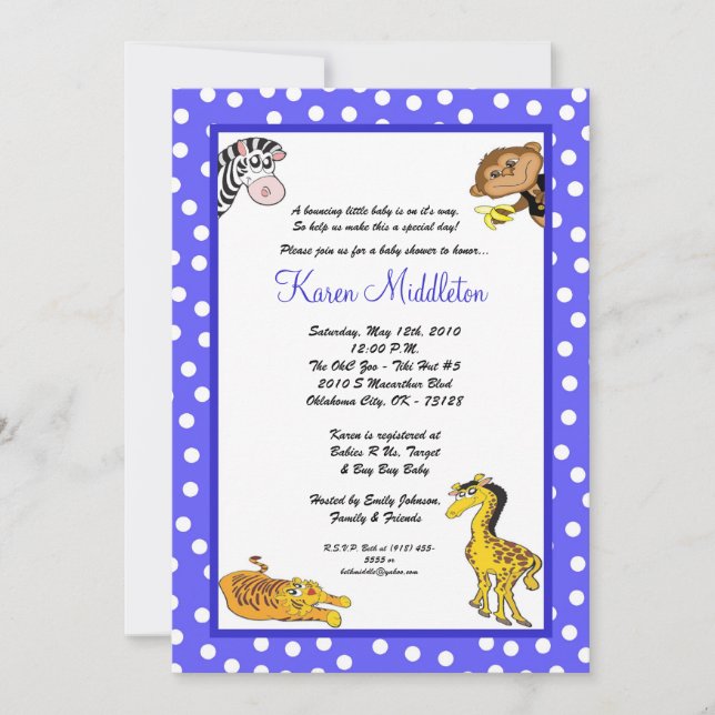 Invitación Baby Shower al zoológico de los animale (Anverso)