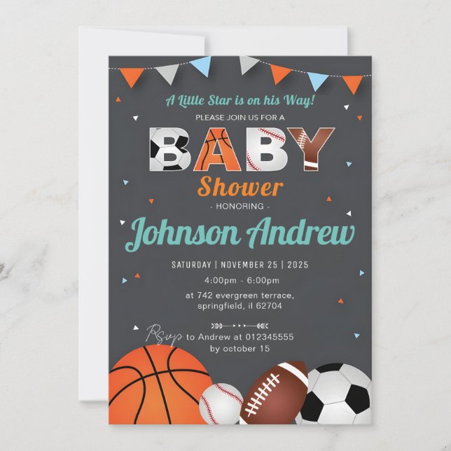 Invitación Baby Shower All Star para deportes simples persona (Anverso)