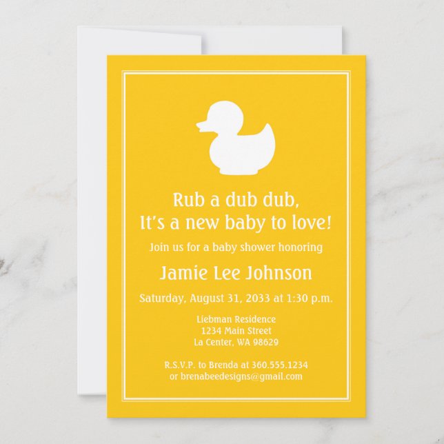 Invitación Baby Shower amarilla de goma duckie (Anverso)