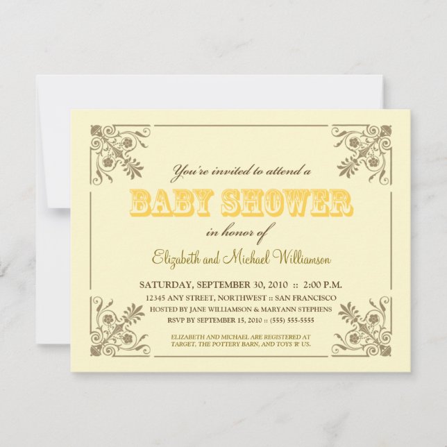 Invitación Baby Shower amarilla vintage (Anverso)