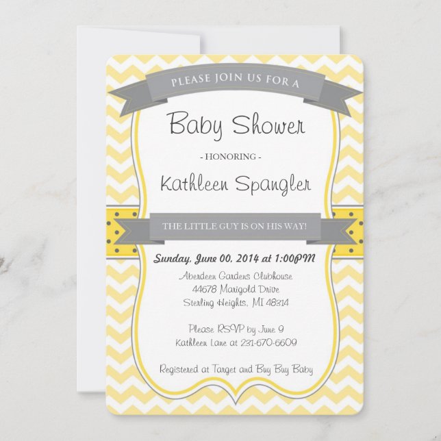 Invitación Baby Shower amarilla y gris (Anverso)