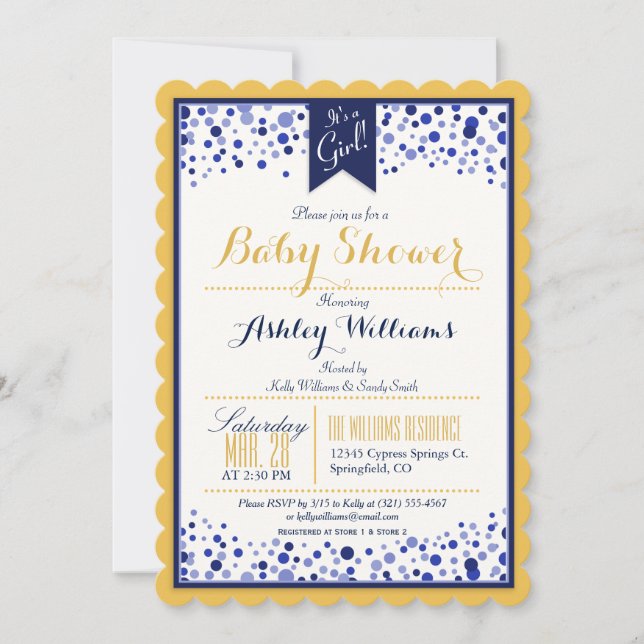 Invitación Baby Shower amarillo dorado, blanco y azul marino (Anverso)