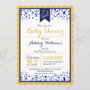 Invitación Baby Shower amarillo dorado, blanco y azul marino