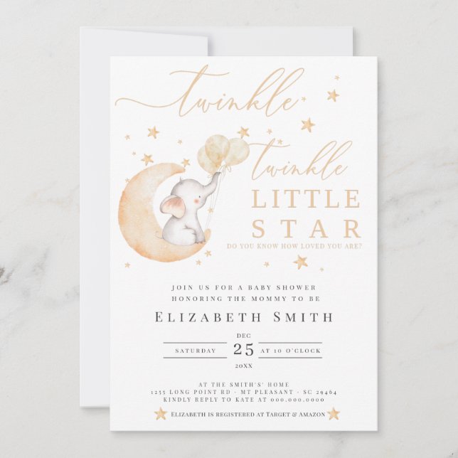 Invitación Baby Shower amarillo elefante de estrella pequeña (Anverso)