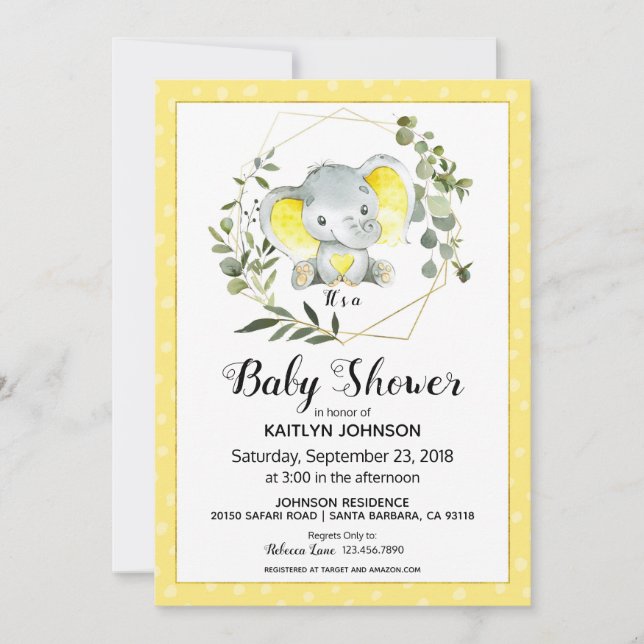 Invitación Baby Shower amarillo elefante moderno (Anverso)
