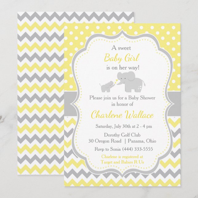 Invitación Baby Shower amarillo elefante y gris (Anverso / Reverso)