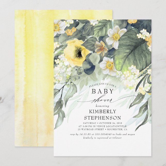 Invitación Baby Shower amarillo floral elegante (Anverso / Reverso)